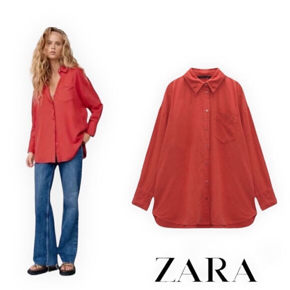 ZARA | Russet | OVERSIZED LINEN BLEND SHIRT - Picture 1 of 11